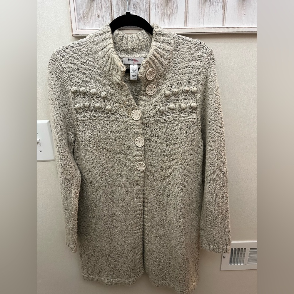 Cozy Cream Two-Tone Weave Sweater Jacket with Button & Stitching Detail,Size M